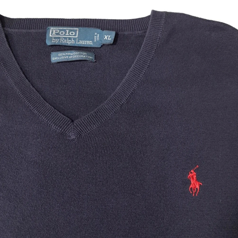 Polo Ralph Lauren Men's Long Sleeve Sweater V-Neck 100% Pima Cotton Navy Blue XL